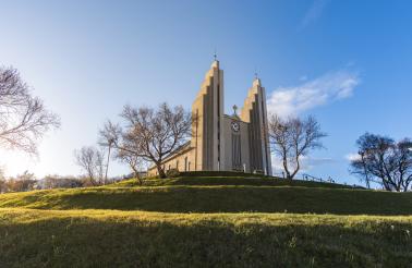 The church in Akureyri is perched on a hill overlooking the city. 